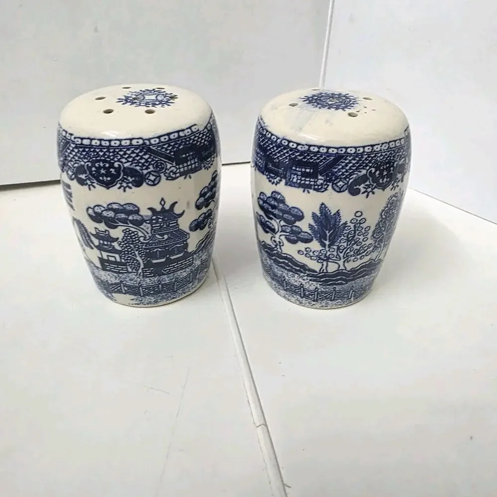 Vintage Blue Willow Salt and Pepper Shaker Set Odd Barrel Shape, Japan